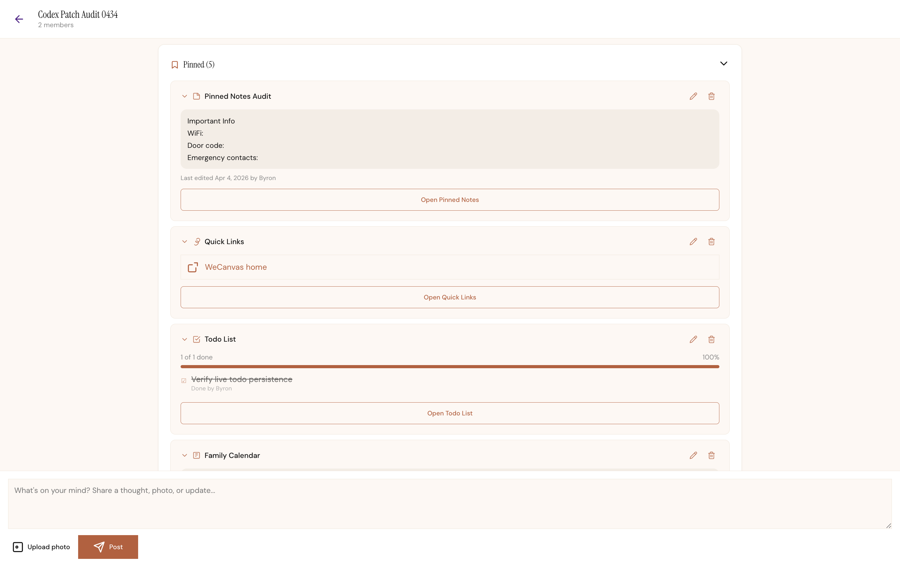 Current WeCanvas canvas showing pinned tools like notes, quick links, todo list, and family calendar