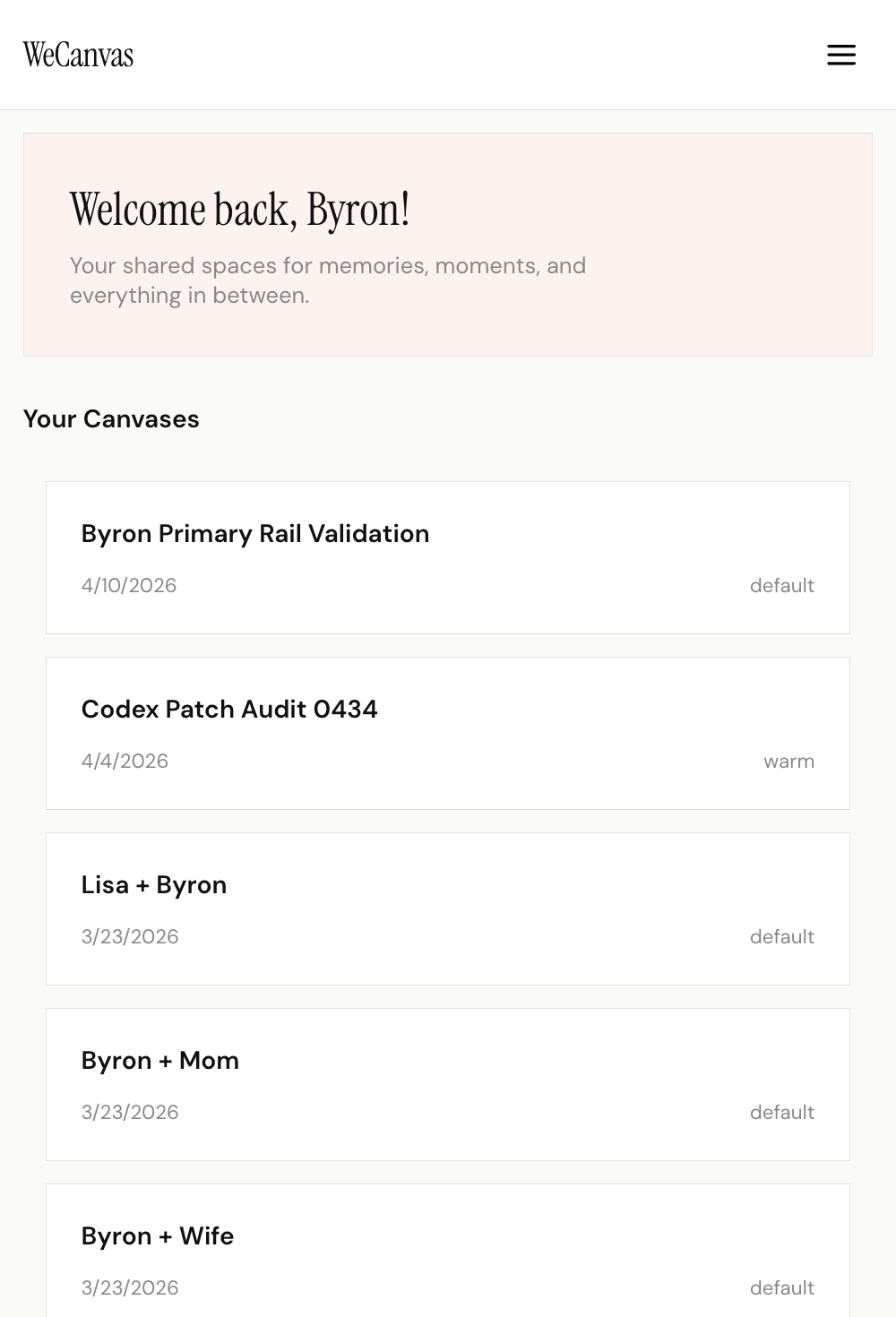 Current WeCanvas dashboard showing multiple canvases in the live product