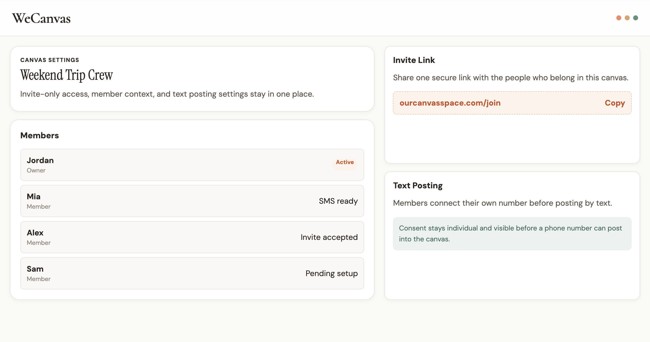 WeCanvas member settings showing invite-only controls
